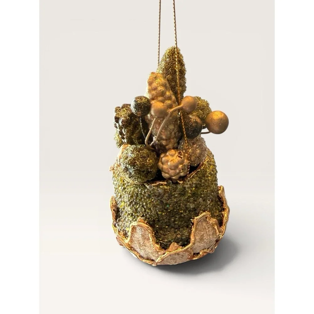 Sugared Sparking Green Gold Fruit Basket Grapes Ornament 4.5